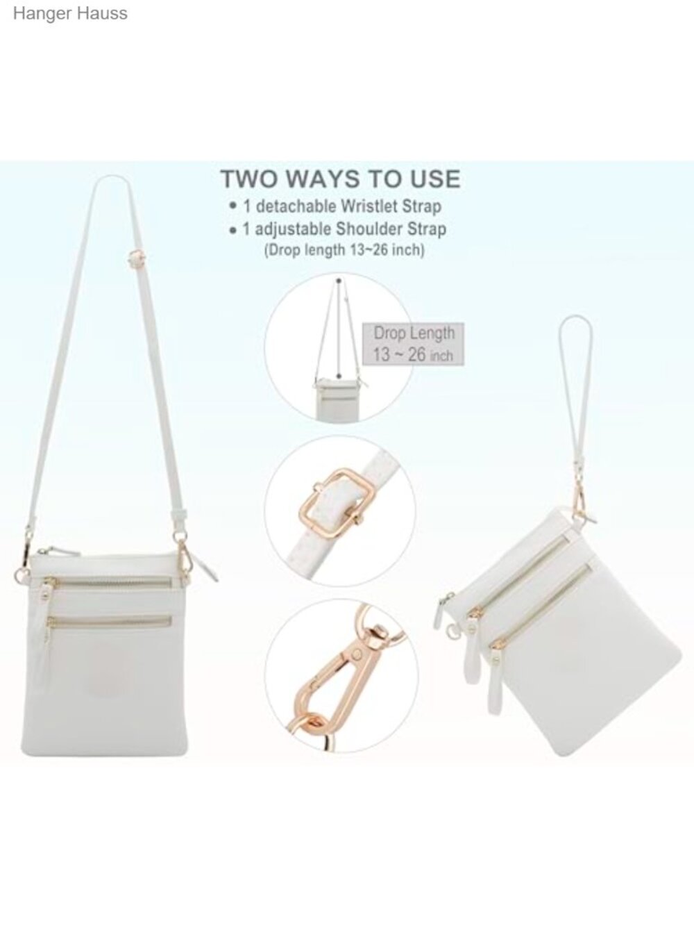 Faux Leather Crossbody Bag with Detachable Wristlet, Multi Zip Pockets, - Picture 6 of 6